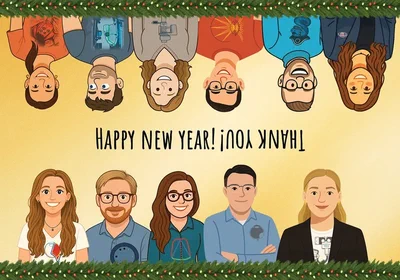 Christmas card showing cartoons of lab members
