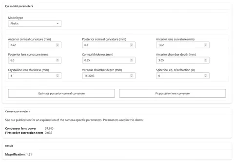 Screenshot of the PAROS online demo, showing eye and camera parameter input fields and the calculated fundus magnification result.