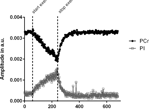 Example phosphocreatine recovery curve during and after 3 minutes of plantar-flexion exercise, with fitted recovery line used to calculate PCr recovery time.