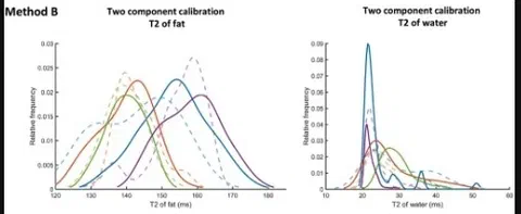 Calibrated T2fat values in subcutaneous fat across cohorts, comparing methods A, B, and C for patients and healthy controls.
