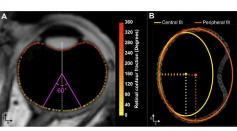 3D ellipsoid fitting results versus retinal contour fraction, including radii, center coordinates, and fit distance.