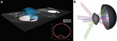 3D overlay of the segmented retinal structure on the MR-image used for patient specific ray tracing.