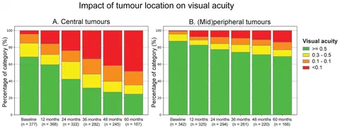 Visual acuity after Ruthenium-106 brachytherapy in central tumours and (mid)peripheral tumours.